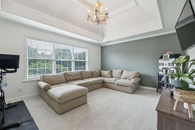 2005 Keene Cir, Spring Hill, TN 37174 - living area featuring a raised ceiling, carpet floors, a chandelier, baseboards, and crown molding