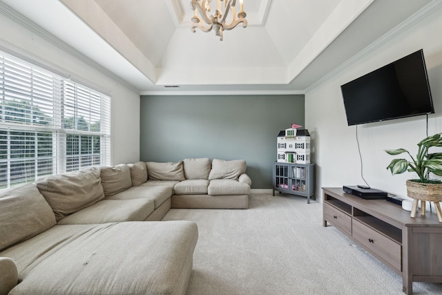 2005 Keene Cir, Spring Hill, TN 37174 - living area with carpet floors, a chandelier, vaulted ceiling, and ornamental molding