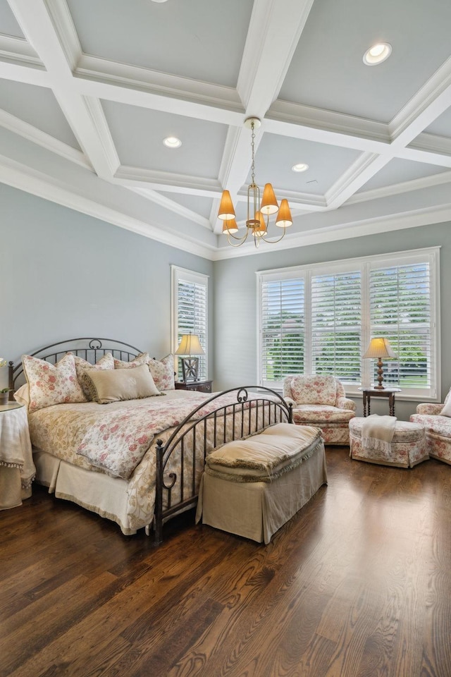 4620 Nadine Ln, Franklin, TN 37064 - bedroom with coffered ceiling, a chandelier, recessed lighting, dark wood-style floors, and crown molding
