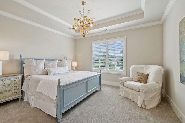 4620 Nadine Ln, Franklin, TN 37064 - bedroom featuring a chandelier, light colored carpet, ornamental molding, a tray ceiling, and baseboards