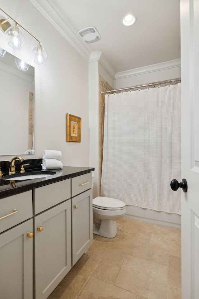 4620 Nadine Ln, Franklin, TN 37064 - bathroom with ornamental molding, vanity, toilet, and shower / bathtub combination with curtain