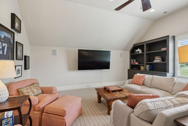 4620 Nadine Ln, Franklin, TN 37064 - living area featuring lofted ceiling, a ceiling fan, carpet, and baseboards