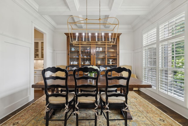 4620 Nadine Ln, Franklin, TN 37064 - dining area featuring a decorative wall, coffered ceiling, dark wood-style flooring, and beam ceiling