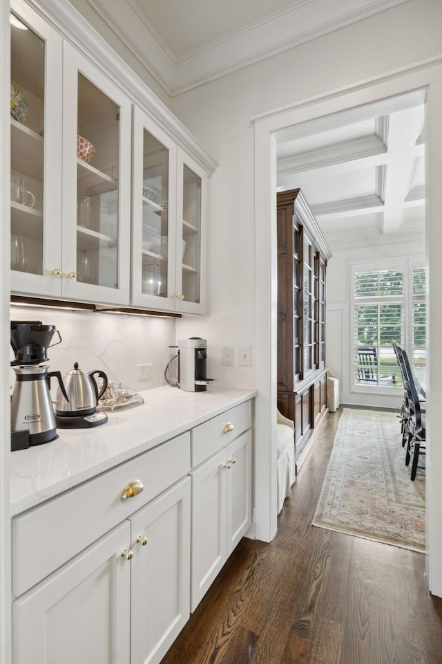 4620 Nadine Ln, Franklin, TN 37064 - bar featuring ornamental molding, dark wood-type flooring, coffered ceiling, beam ceiling, and decorative backsplash