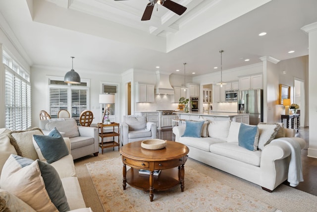 4620 Nadine Ln, Franklin, TN 37064 - living area featuring crown molding, ceiling fan, recessed lighting, beamed ceiling, and light wood-type flooring