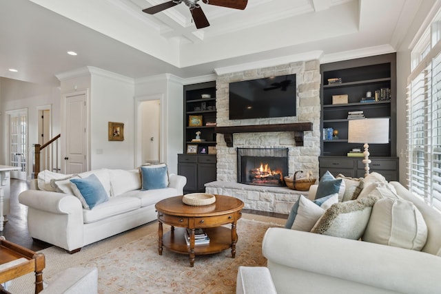 4620 Nadine Ln, Franklin, TN 37064 - living area featuring ornamental molding, a ceiling fan, a fireplace, recessed lighting, and built in features
