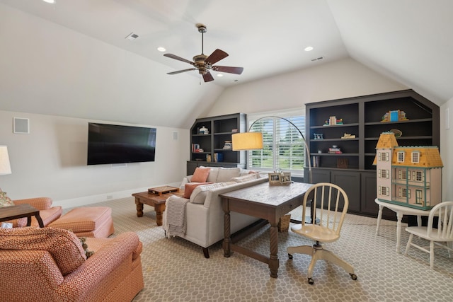 4620 Nadine Ln, Franklin, TN 37064 - living room with vaulted ceiling, a ceiling fan, light colored carpet, recessed lighting, and baseboards