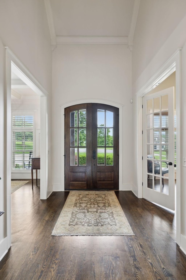 4620 Nadine Ln, Franklin, TN 37064 - entryway featuring french doors, ornamental molding, plenty of natural light, wood finished floors, and a towering ceiling