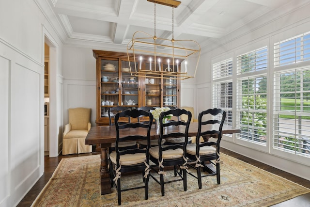 4620 Nadine Ln, Franklin, TN 37064 - dining room featuring a decorative wall, plenty of natural light, a chandelier, coffered ceiling, and beamed ceiling