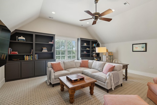 4620 Nadine Ln, Franklin, TN 37064 - living room with lofted ceiling, ceiling fan, light colored carpet, baseboards, and recessed lighting