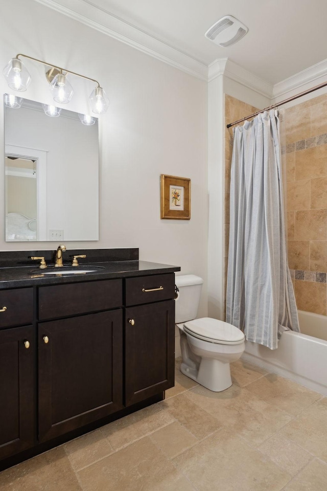 4620 Nadine Ln, Franklin, TN 37064 - full bathroom featuring vanity, crown molding, toilet, and shower / bathtub combination with curtain