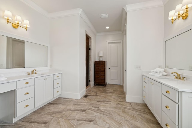 4620 Nadine Ln, Franklin, TN 37064 - full bath featuring baseboards, a chandelier, two vanities, crown molding, and recessed lighting