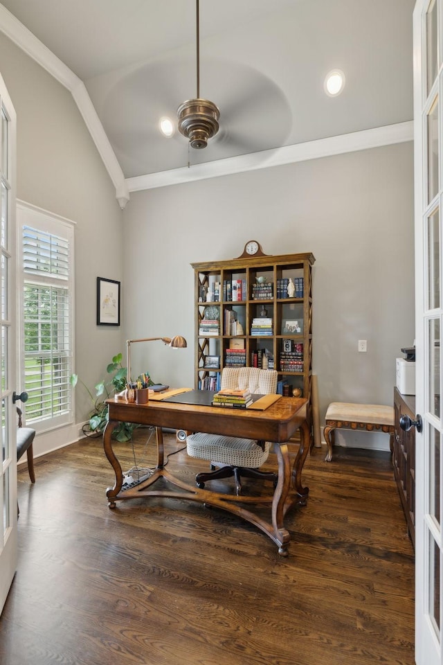 4620 Nadine Ln, Franklin, TN 37064 - home office with lofted ceiling, ornamental molding, french doors, wood finished floors, and a ceiling fan