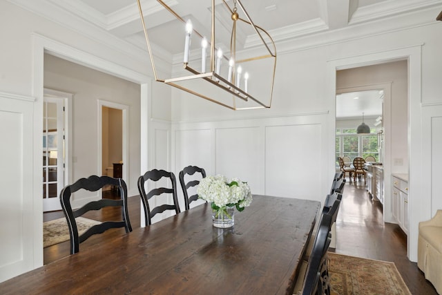 4620 Nadine Ln, Franklin, TN 37064 - dining area featuring a decorative wall, coffered ceiling, crown molding, dark wood-style floors, and beamed ceiling