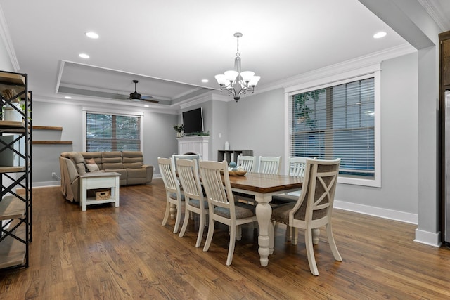 808 Willcrest Dr, Chattanooga, TN 37405 - dining area featuring a ceiling fan, baseboards, crown molding, dark wood-style floors, and a chandelier