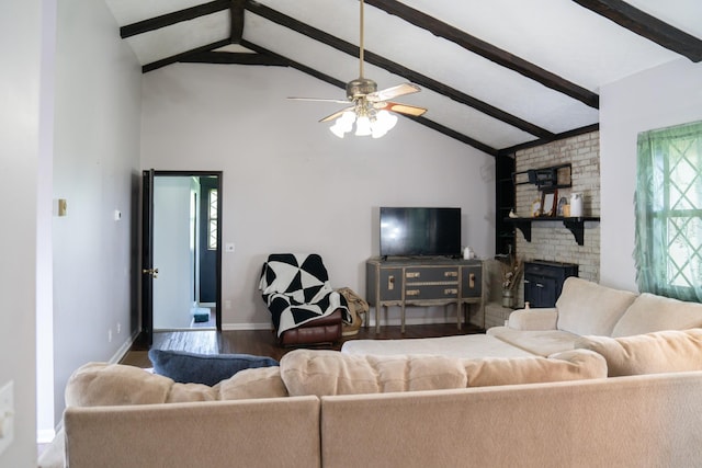 4169 Bledsoe St, Westmoreland, TN 37186 - living area with wood finished floors, a ceiling fan, baseboards, and a brick fireplace