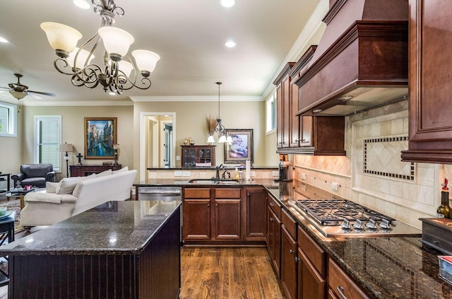 1706 Townsend Blvd, Franklin, TN 37064 - kitchen featuring stainless steel appliances, custom exhaust hood, ceiling fan, dark wood finished floors, and a peninsula