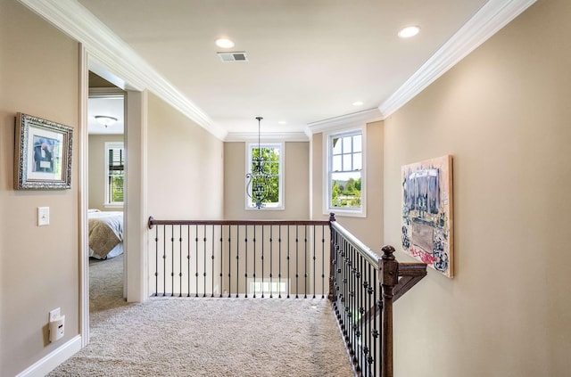 1706 Townsend Blvd, Franklin, TN 37064 - hallway with ornamental molding, carpet flooring, healthy amount of natural light, recessed lighting, and an upstairs landing