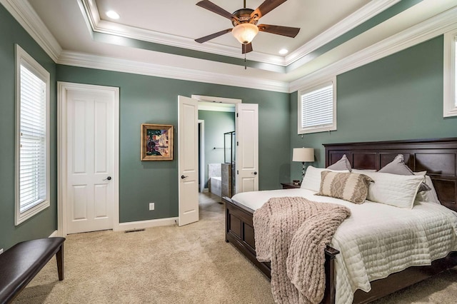 1706 Townsend Blvd, Franklin, TN 37064 - bedroom featuring light carpet, a tray ceiling, crown molding, a ceiling fan, and ensuite bath