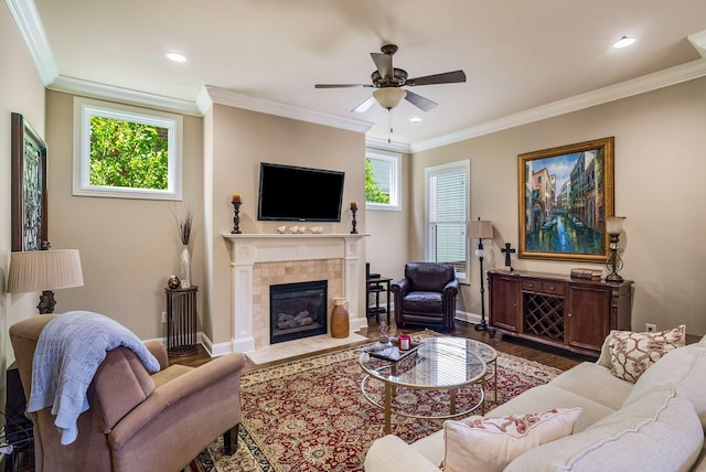 1706 Townsend Blvd, Franklin, TN 37064 - living room featuring a ceiling fan, wood finished floors, crown molding, a fireplace, and recessed lighting