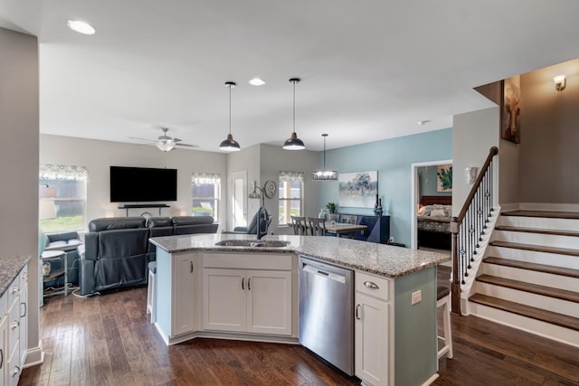 566 Oakvale Ln, Mount Juliet, TN 37122 - kitchen featuring dishwasher, a sink, a ceiling fan, white cabinets, and recessed lighting
