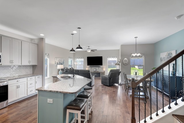 566 Oakvale Ln, Mount Juliet, TN 37122 - kitchen featuring a sink, open floor plan, light stone counters, dark wood-type flooring, and recessed lighting