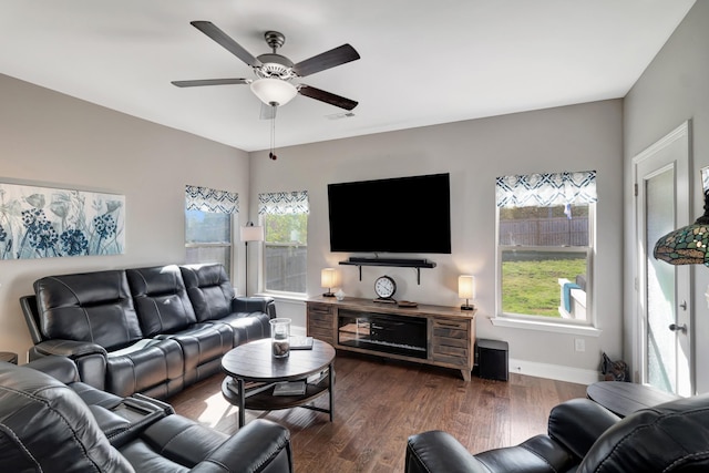 566 Oakvale Ln, Mount Juliet, TN 37122 - living area featuring healthy amount of natural light, ceiling fan, dark wood-type flooring, and baseboards