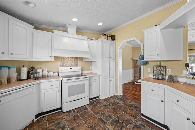 125 Fitzgerald Ave, Celina, TN 38551 - kitchen featuring white appliances, white cabinets, a textured ceiling, light countertops, and dark stone finish floors