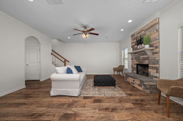 1113 Dunkirk Ln, Murfreesboro, TN 37129 - living room with ornamental molding, recessed lighting, wood finished floors, stairs, and ceiling fan