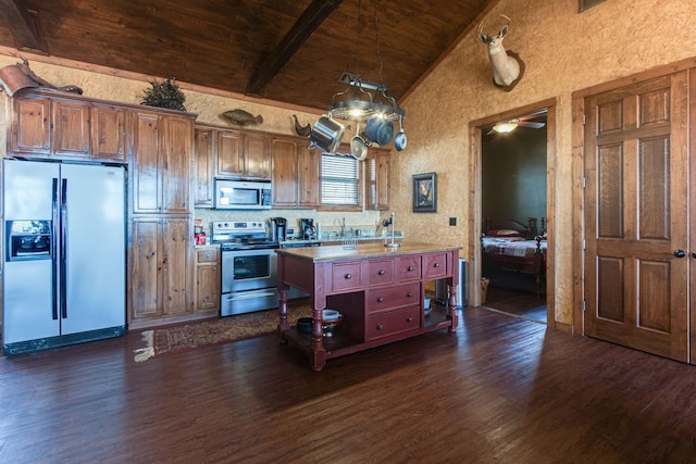 0 Fletcher Rd, Gruetli Laager, TN 37339 - kitchen featuring stainless steel appliances, wooden ceiling with exposed beams, dark wood-style flooring, high vaulted ceiling, and decorative light fixtures