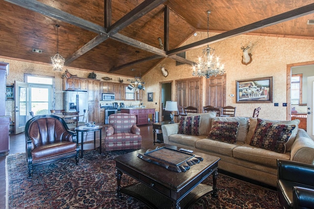 0 Fletcher Rd, Gruetli Laager, TN 37339 - living area featuring a chandelier, wooden ceiling with exposed beams, high vaulted ceiling, and dark wood finished floors