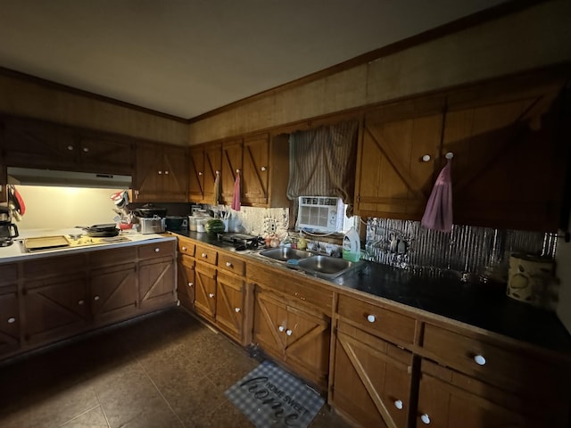 239 Pine Bluff Rd, Rock Island, TN 38581 - kitchen with a sink, dark tile patterned flooring, cooktop, brown cabinets, and under cabinet range hood