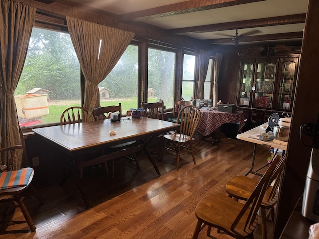 239 Pine Bluff Rd, Rock Island, TN 38581 - dining area featuring beamed ceiling, wood finished floors, and ceiling fan