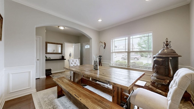 5127 Heroes Ln, Murfreesboro, TN 37129 - dining room featuring arched walkways, dark wood-type flooring, crown molding, recessed lighting, and wainscoting