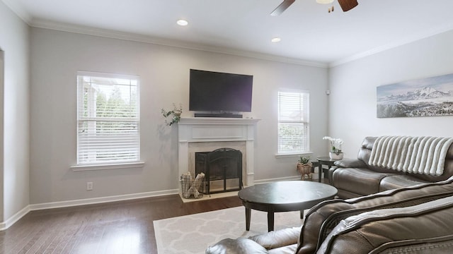 5127 Heroes Ln, Murfreesboro, TN 37129 - living area featuring a high end fireplace, ceiling fan, wood finished floors, baseboards, and ornamental molding