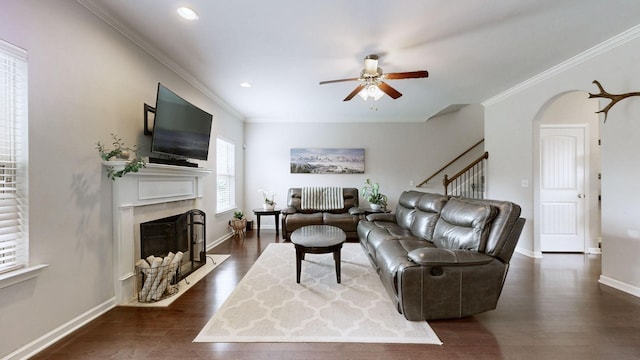 5127 Heroes Ln, Murfreesboro, TN 37129 - living area featuring a ceiling fan, wood finished floors, a fireplace, baseboards, and crown molding