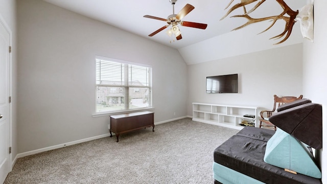 5127 Heroes Ln, Murfreesboro, TN 37129 - living area featuring carpet flooring, a ceiling fan, vaulted ceiling, and baseboards