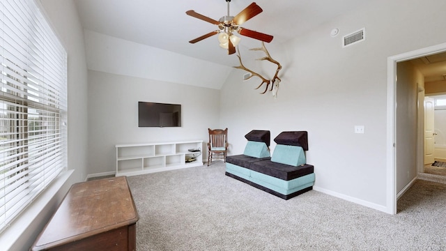 5127 Heroes Ln, Murfreesboro, TN 37129 - living area featuring carpet, attic access, a ceiling fan, vaulted ceiling, and baseboards