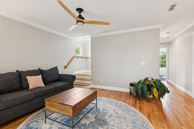 303 Avondale Dr, Franklin, TN 37064 - living area featuring ornamental molding, ceiling fan, light wood-style flooring, and baseboards
