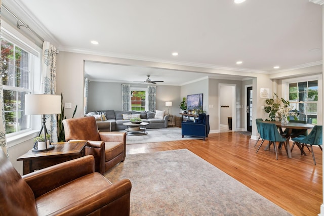 303 Avondale Dr, Franklin, TN 37064 - living area featuring plenty of natural light, light wood-style flooring, recessed lighting, baseboards, and crown molding