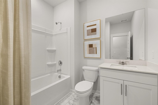 7218 Hanworth St, Fairview, TN 37062 - bathroom with baseboards, marble look tiles, toilet, shower / bath combination with curtain, and vanity