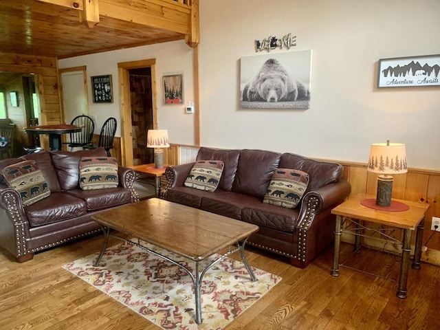 839 Golf View Blvd, Pigeon Forge, TN 37863 - living area with wood finished floors, a wainscoted wall, wood walls, and wood ceiling