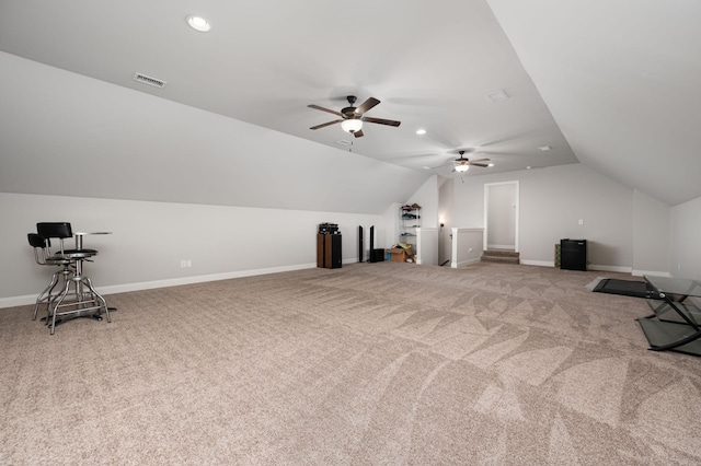2743 Crowne Pointe Dr, Murfreesboro, TN 37130 - additional living space with lofted ceiling, carpet floors, a ceiling fan, baseboards, and recessed lighting