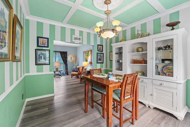 1514 Cardinal Ln, Mount Juliet, TN 37122 - dining area featuring a chandelier, wallpapered walls, wood finished floors, coffered ceiling, and baseboards