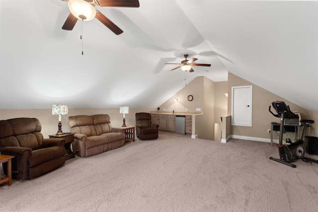 3006 Gracie Ann Dr, Greenbrier, TN 37073 - living room featuring ceiling fan, light carpet, lofted ceiling, and baseboards