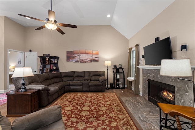 3006 Gracie Ann Dr, Greenbrier, TN 37073 - living area featuring wood finished floors, a ceiling fan, a high end fireplace, high vaulted ceiling, and baseboards