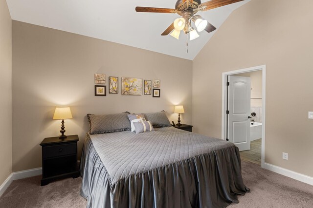 3006 Gracie Ann Dr, Greenbrier, TN 37073 - carpeted bedroom with baseboards, high vaulted ceiling, ensuite bath, and a ceiling fan