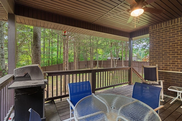 3006 Gracie Ann Dr, Greenbrier, TN 37073 - wooden deck featuring outdoor dining space, ceiling fan, a fenced backyard, and a grill