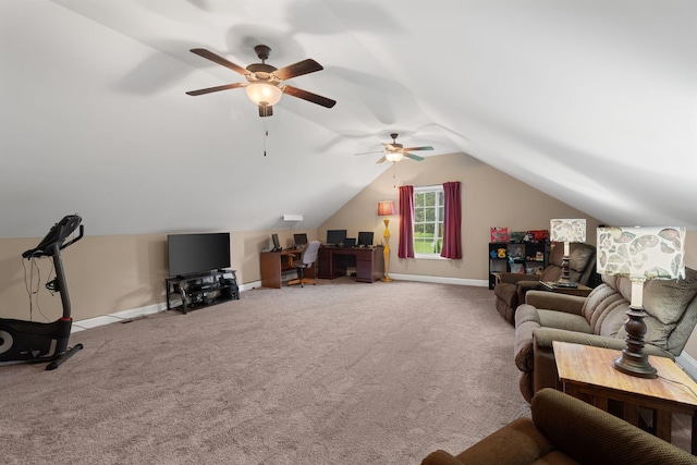 3006 Gracie Ann Dr, Greenbrier, TN 37073 - living area with carpet flooring, a ceiling fan, a desk, lofted ceiling, and baseboards