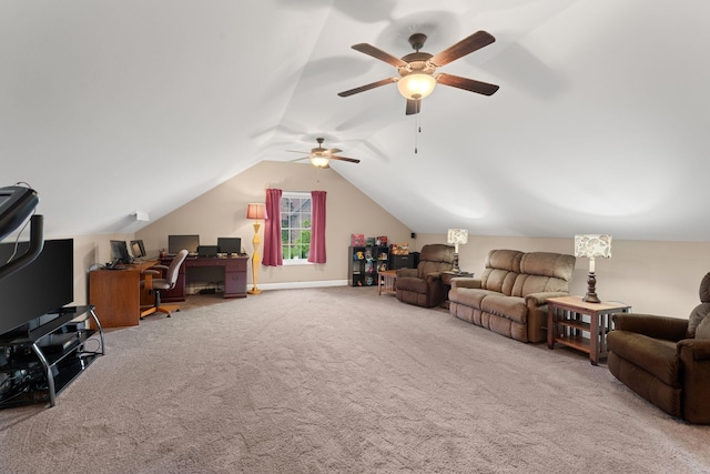 3006 Gracie Ann Dr, Greenbrier, TN 37073 - carpeted living room featuring a desk, a ceiling fan, and lofted ceiling